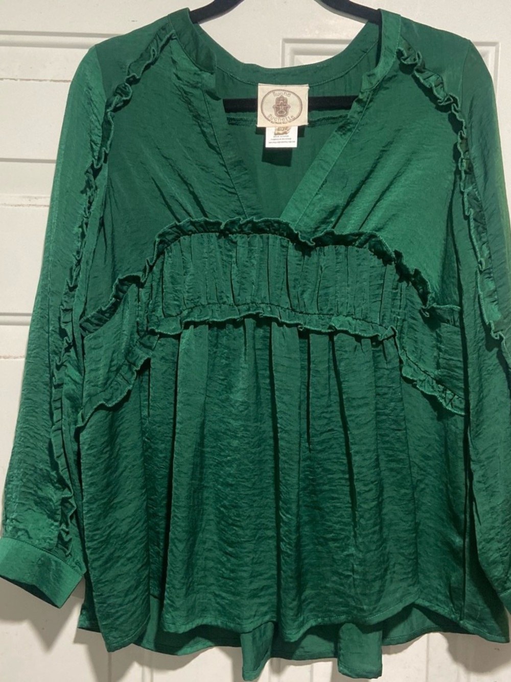 Free People Deep Green Ruffle V-Neck Blouse